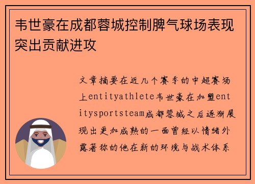 韦世豪在成都蓉城控制脾气球场表现突出贡献进攻
