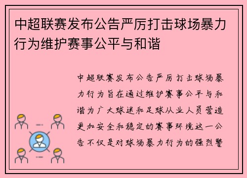 中超联赛发布公告严厉打击球场暴力行为维护赛事公平与和谐